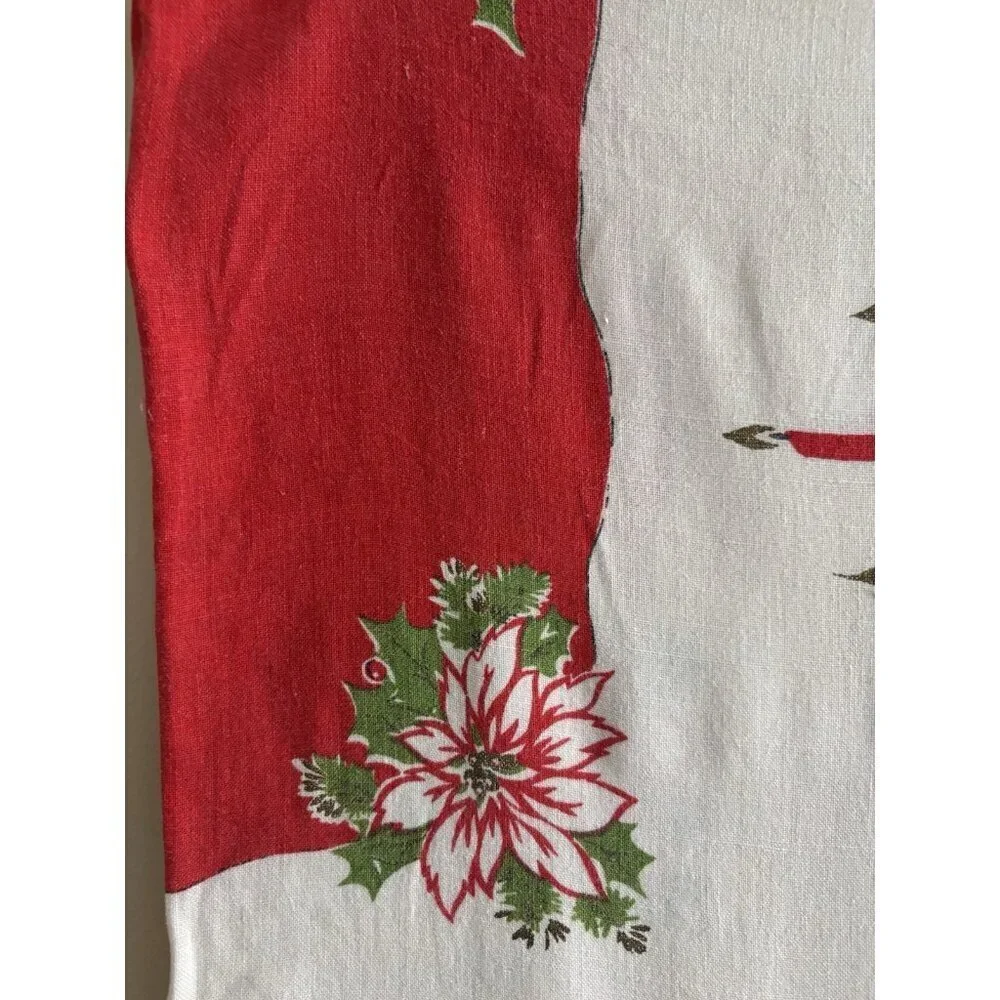 Vintage‎ Christmas Holly Candle Poinsettia Holly Tablecloth White Red Rectangle
